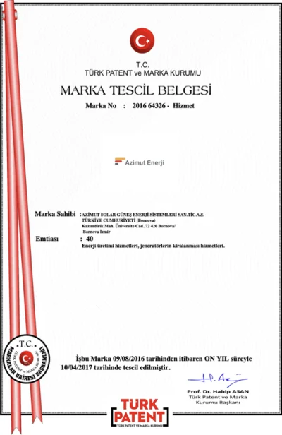 Azimut Enerji Marka Tescil Belgesi — Türk Patent