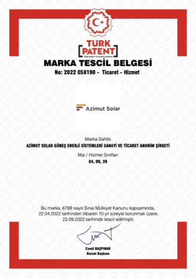 Azimut Solar Marka Tescil Belgesi — Türk Patent