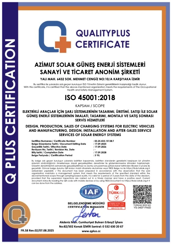 ISO 45001 İş Sağlığı ve Güvenliği Yönetim Sistemi Sertifikası — Azimut Solar Enerji