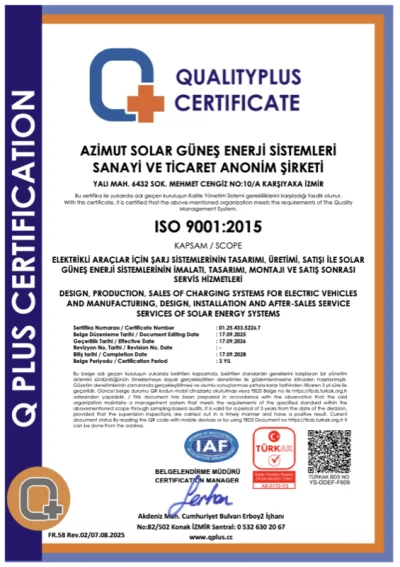 ISO 9001 Kalite Yönetim Sistemi Sertifikası — Azimut Solar Enerji