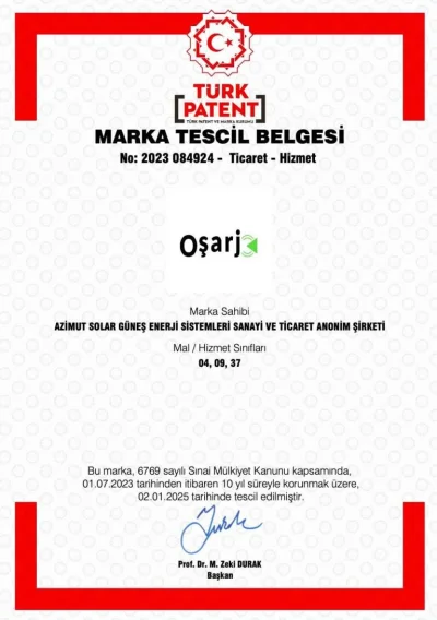 OŞARJ Marka Tescil Belgesi — Türk Patent